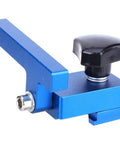 Close-up of blue Fence Flip Limit Aluminum T Track Stop with locking mechanism for woodworking and carpentry, side angle view.