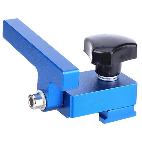 Close-up of blue Fence Flip Limit Aluminum T Track Stop with locking mechanism for woodworking and carpentry, side angle view.