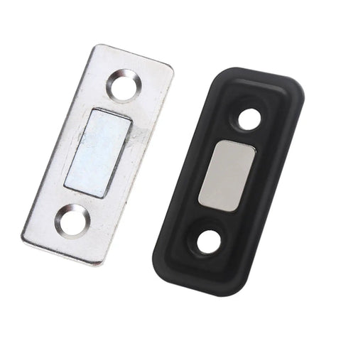 Metal and black plastic components of Invisible Door Catch With Screws And Adhesive For No Fuss Seamless Close On Sliding Doors Cabinets