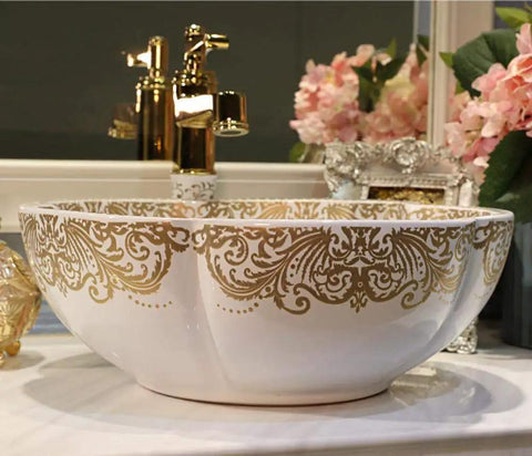 USZWBY Bathroom Vessel Sink, Countertop Basin Ceramic Sink, round white sink with gold floral design, elegant bathroom decor.