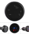Front view of black 3-in-1 car voltmeter with USB charging and thermometer display (V/TEMP) for vehicle battery health.
