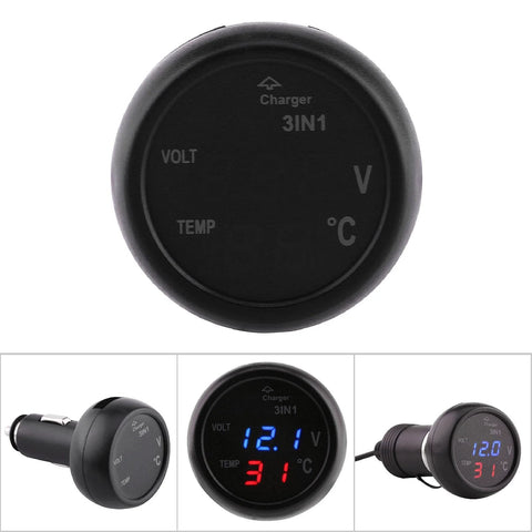 Front view of black 3-in-1 car voltmeter with USB charging and thermometer display (V/TEMP) for vehicle battery health.