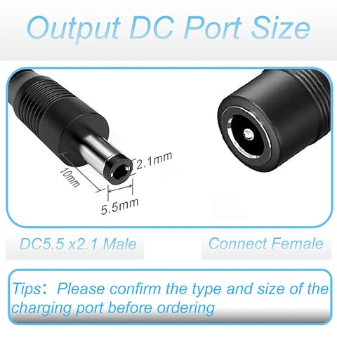 42V DC Replacement Power Adapter With 2A Output For 10S 36V Lithium Battery Packs showing 5.5 x 2.1mm plug size