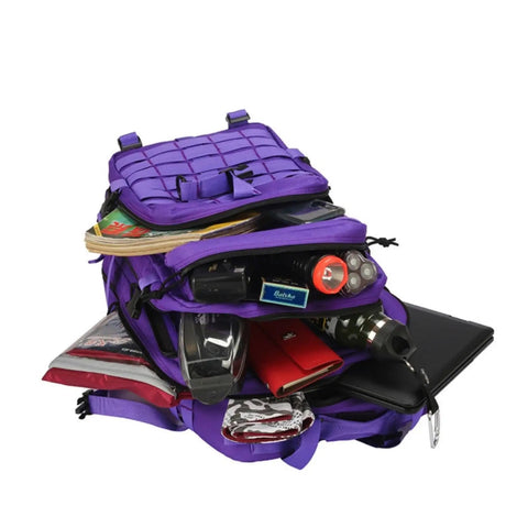 45L Military Tactical Backpack For Men And Women with Molle Daypack Bug Out Bag in purple, displaying 180 degree open feature with contents visible.