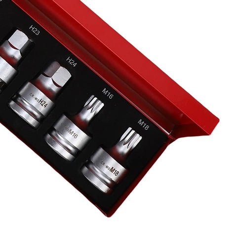9 Piece 3/4 Inch Drive Hex Bit Socket Set Made From Heavy Duty Crmo Alloy Steel in red storage tray showing hex and spline adapters.