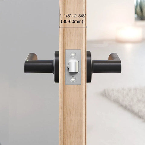 Slick Smart Door Lock With Fingerprint And NFC App Control And Bluetooth Keyless Entry in black on a wooden door.