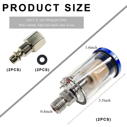 Pro Grade Water And Oil Separator Filter For Air Tools And Air Compressors Mini In Line Filtration One Quarter Inch NPT size details