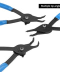 Close-up of 12 Piece Versatile Snap Ring Pliers Set for Internal and External Rings Heavy Duty Chrome Moly Steel with different tip angles.