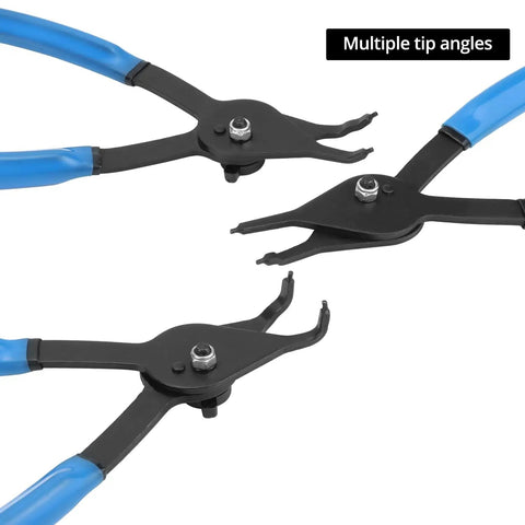 Close-up of 12 Piece Versatile Snap Ring Pliers Set for Internal and External Rings Heavy Duty Chrome Moly Steel with different tip angles.