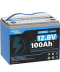 12V 100Ah LiFePO4 Battery With 100A BMS And 15000 Cycles, compact blue design, showing voltage and capacity.