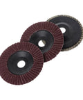Three discs from Six Pack 100 mm Polishing Wheel Disc Set For Grit Angle Grinder And Wood Lathe Chuck Adapter showing abrasive surfaces.