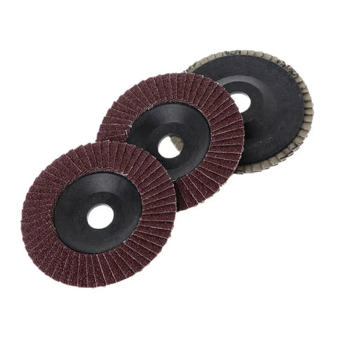 Three discs from Six Pack 100 mm Polishing Wheel Disc Set For Grit Angle Grinder And Wood Lathe Chuck Adapter showing abrasive surfaces.