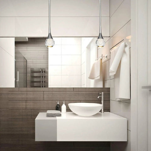 Teardrop Crystal Pendant Light With Mini LED Silver Polished Nickel Finish Metal Rod Ceiling Pendant Fixture in modern bathroom