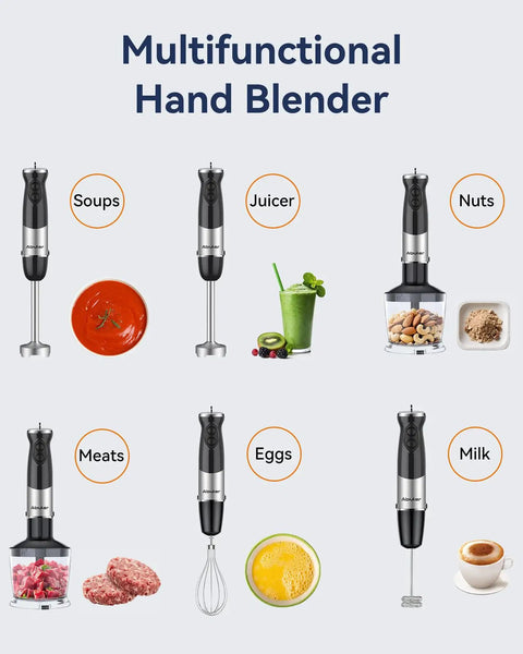Powerful 1000W 5 In 1 Corded Immersion Hand Blender With 12 Speeds Includes Mixing Beaker Chopper Whisk Milk Frother And Emulsifier