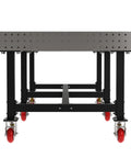 No Nonsense Welding Fixture Table With Precision Laser Cut Grid And Locking Swivel Casters 120 By 48 Inch Mobile Steel Workbench showing underside and wheels.