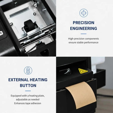 Close-up of Electric Water Activated Tape Dispenser and Kraft Paper Tape Cutter showing precision engineering and external heating button.