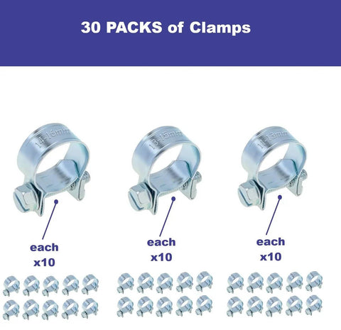 30 Piece Mini Hose Clamp Kit With Three Size Assortment One Quarter Inch Five Sixteenths Inch And Three Eighths Inch for fuel line display