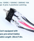 Heavy Duty Rocker Switch 0-250V 15A DPDT 6 Pins 3 Positions On Off On Latching With Waterproof Boot Cap Pre Wired Cables For Auto Car Truck Boat Marine, 20cm wires