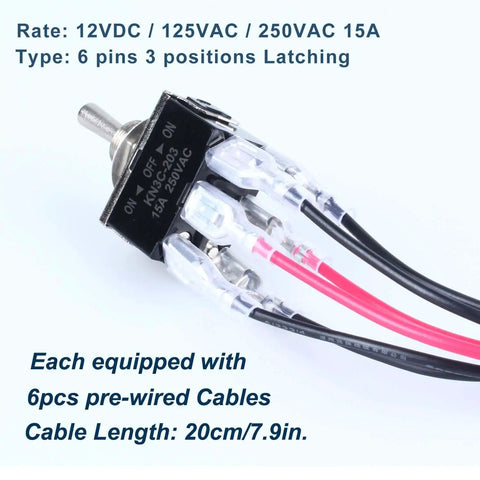 Heavy Duty Rocker Switch 0-250V 15A DPDT 6 Pins 3 Positions On Off On Latching With Waterproof Boot Cap Pre Wired Cables For Auto Car Truck Boat Marine, 20cm wires