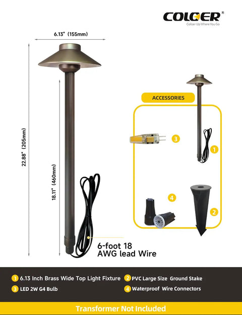 Brass Low Voltage Pathway Lights Outdoor 1 Pack With 2W LED G4 Bulb, showing dimensions and accessories in the package.