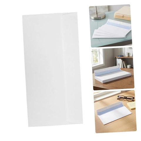 White 100 Pack Self Seal Envelopes With Peel And Seal Privacy Protection for letter size mail and legal shipping on desk.