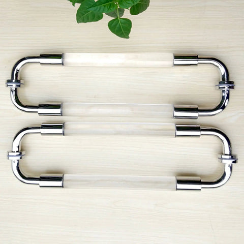 Stainless Steel Clear Acrylic Door Hardware Kit For Front Doors And Glass Panels with Double Sided Grab Bar on light wood surface
