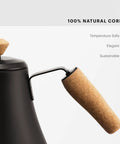 Close-up of cork handle on 27oz Gooseneck Electric Water Kettle For Pour Over Coffee And Tea, Stainless Steel Matte Black, Easy Pour.