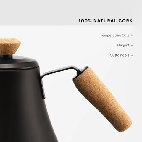 Close-up of cork handle on 27oz Gooseneck Electric Water Kettle For Pour Over Coffee And Tea, Stainless Steel Matte Black, Easy Pour.