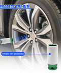 Heavy Duty Half Inch Drive 22mm Lug Nut Impact Socket With Scratch Proof Nylon Sleeve No Sweat Wheel Removal Rust Repellent Finish next to a car wheel.