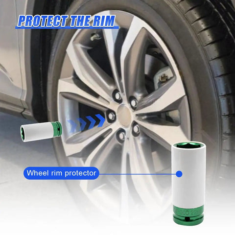 Heavy Duty Half Inch Drive 22mm Lug Nut Impact Socket With Scratch Proof Nylon Sleeve No Sweat Wheel Removal Rust Repellent Finish next to a car wheel.