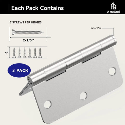 Top Shelf Interior Door Hinges In Brushed Nickel With Rounded Corners Solid Iron Residential Hardware three inch half size with screws.