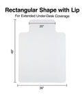 Clear Office Chair Mat With Lip For Carpeted Floors 48 By 36 Inches Extended Under Desk Coverage Lip Edge For Extra Coverage Flat Pile Carpet Protector Smooth Glide, showing dimensions and shape.