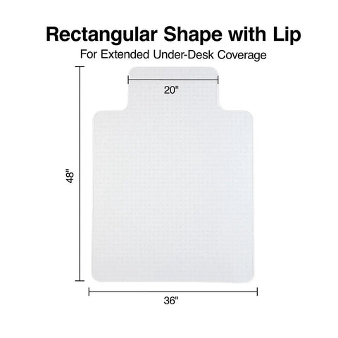 Clear Office Chair Mat With Lip For Carpeted Floors 48 By 36 Inches Extended Under Desk Coverage Lip Edge For Extra Coverage Flat Pile Carpet Protector Smooth Glide, showing dimensions and shape.