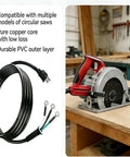 Heavy Duty 3 Prong Replacement Power Cord 14 AWG 8 Foot Black AC Cable with circular saw in workshop setting.