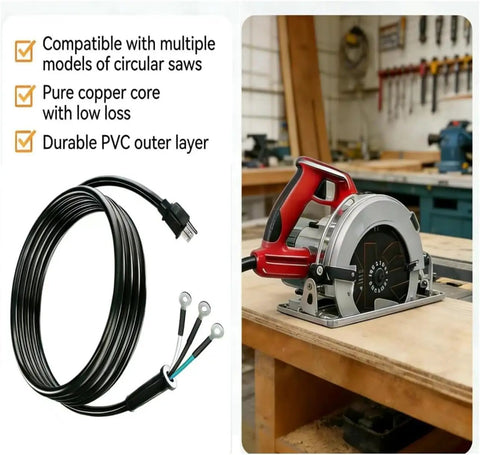 Heavy Duty 3 Prong Replacement Power Cord 14 AWG 8 Foot Black AC Cable with circular saw in workshop setting.