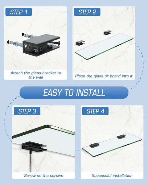 Installation steps for Professional Grade Glass Shelf Brackets Black Zinc Alloy Wall Mount Supports For 6 To 10mm Panels.