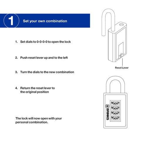 Instructions for setting combination on Beefy 40mm Four Dial Resettable Sports Padlock With Zinc Die Cast Body And Chrome Plated Shackle Navy Finish