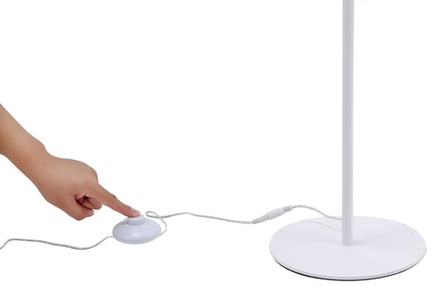 Hand operating the switch of a LED Gooseneck Floor Lamp With A 54 Inch Adjustable Neck, Weighted Base, White Finish, Flicker-Free