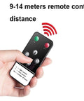 Hand holding remote control for JUDYSSY Courtyard Light Led Solar Flood Light Outdoor, showing 9-14 meters distance.
