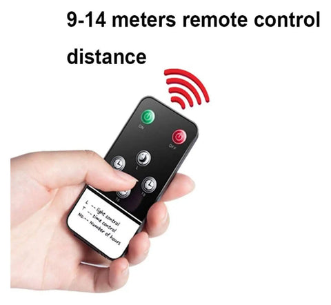 Hand holding remote control for JUDYSSY Courtyard Light Led Solar Flood Light Outdoor, showing 9-14 meters distance.