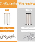 Comparison of silver plated copper and ordinary tinned copper ferrules, highlighting Heavy Duty Wire Ferrules Kit With Eight Size Silver Plated Copper Ends For AWG 1/0 To 12, Pro Grade Crimp Connectors And Terminals For Automotive Wiring, Home Repair, Electronics, Prevents Oxidation And Loose Connections.