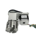 Heavy Hitter NEMA 34 Rotary Axis with four jaw chuck, 100mm size, designed for CNC engraving.