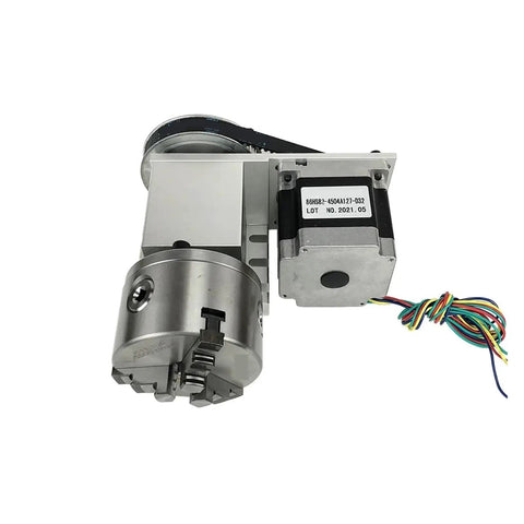 Heavy Hitter NEMA 34 Rotary Axis with four jaw chuck, 100mm size, designed for CNC engraving.