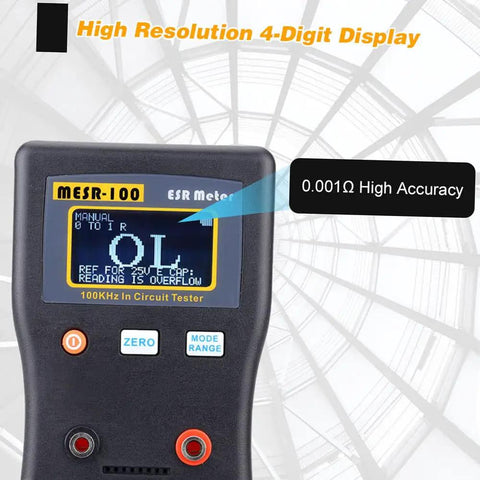 ESR Capacitor Tester Meter For Accurate Internal Resistance Readings showing 0.001Ω high accuracy display