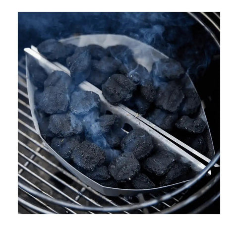 Charcoal burning in a steel grill with Heavy Duty Plated Steel Grill Tool Holder Hooks For 18.5 Inch And 22.5 Inch Charcoal Grills visible.