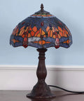 Dragonfly Tiffany Style Stained Glass Table Lamp With 12 Inch Wide Shade And Metal Base, 6 Dragonflies On Lampshade