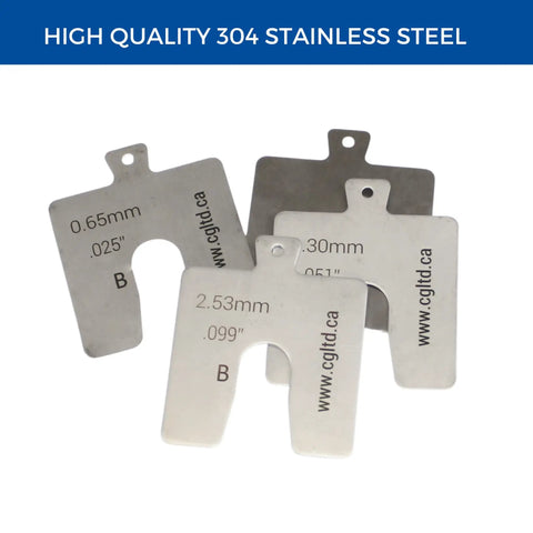 Pro Grade Stainless Steel Slotted Shim Kit 3x3 Inch Size B Pack Of 130 Shims With 0.001 To 0.125 Inch Thicknesses 304 Stainless Rust Resistant. Close-up view of shims showing thickness.