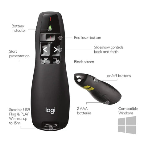 R400 Wireless Presenter With USB A PowerPoint Clicker And Red Laser Pointer for easy slideshow control, front and side view