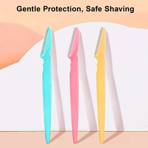 Three colorful eyebrow razors from the Six Piece Eyebrow Razor Kit For Her Or Him Is A Total Game Changer that offer safe shaving.