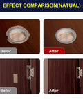 Before and after comparison using Deep Black Wood Filler And Putty 9.87oz for filling holes in dark wood surfaces.